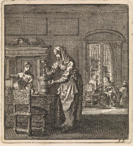 Woman grinding something with a mortar while a child looks on