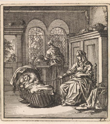 Woman next to a cradle in which a baby lies
