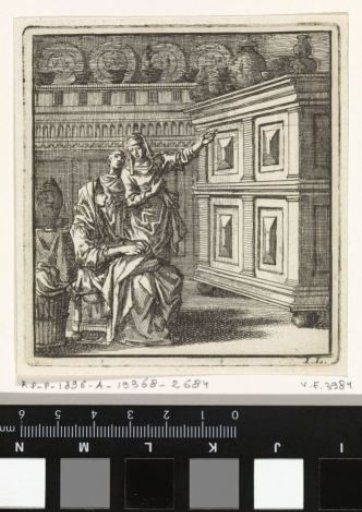 Woman showing two others the porcelain on the cabinet in front of them