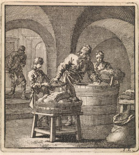 Men putting pieces of meat and salt into a vat