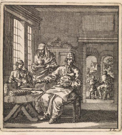 Several figures by a table with bread and a knife