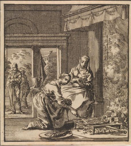 Two women frying fish on the hearth