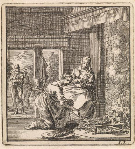 Two women frying fish on the hearth