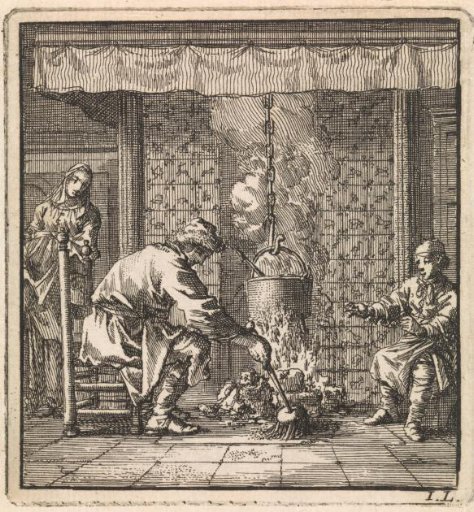 Man sweeping ashes towards a burning fireplace