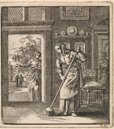 Woman sweeping the floor of a dwelling