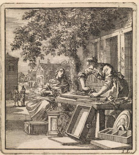 A man sanding wood in front of a house facade