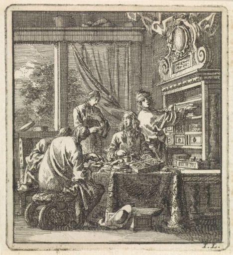 Five men examining the contents of various drawers from a cabinet