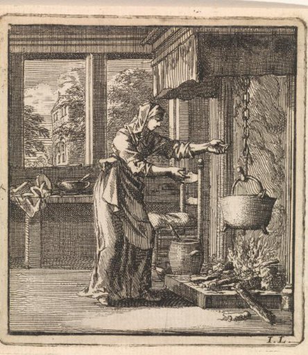 Woman reaching for the chain of a cooking pot hanging too high over the fire