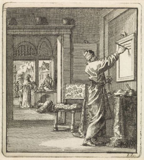 Man writing from right to left on a slate on the wall