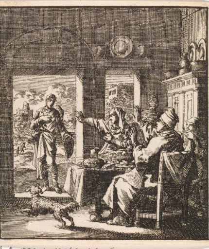 A family dining making dismissive gestures towards a poor man asking for help
