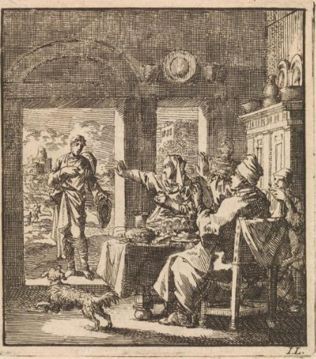 A family dining making dismissive gestures towards a poor man asking for help