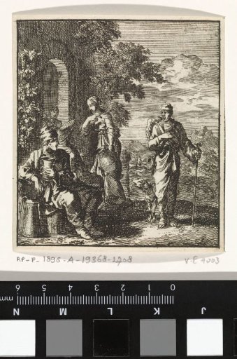Seated man with cup and jug turns away from a thirsty wayfarer