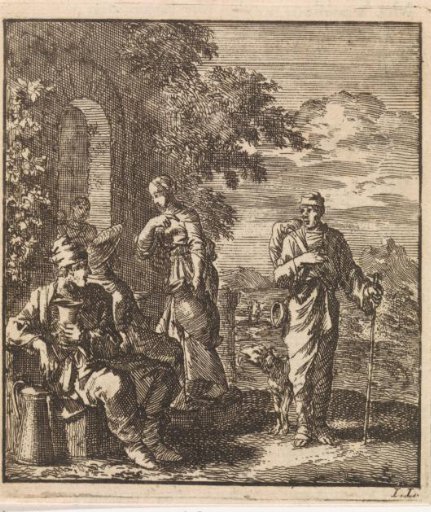 Seated man with cup and jug turns away from a thirsty wayfarer