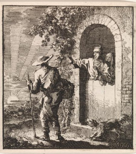 Man in a doorway gestures to a weary traveler to continue