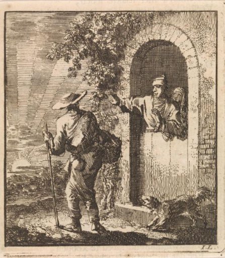 Man in a doorway gestures to a weary traveler to continue