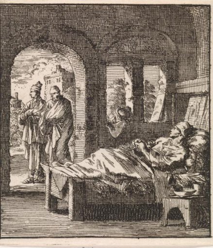 Sick man lies alone in bed while two men walk past outside