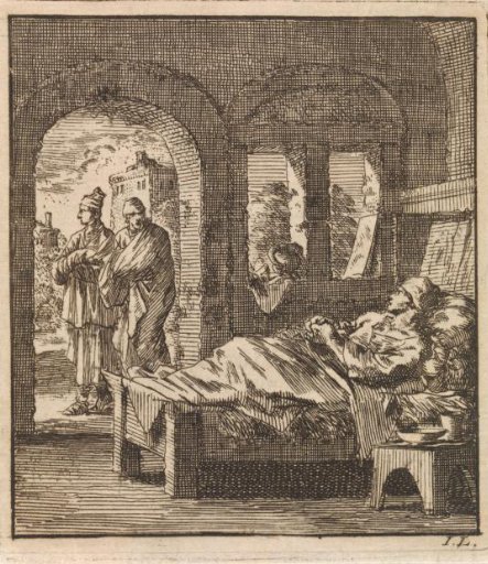 Sick man lies alone in bed while two men walk past outside