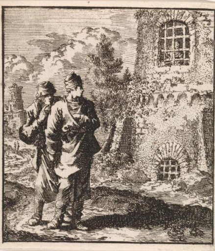 Two travelers look at a man behind the bars of a prison