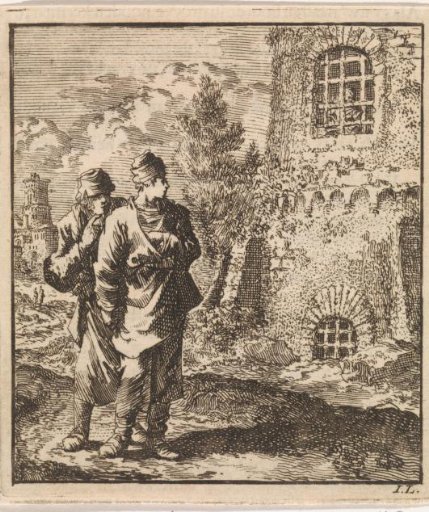 Two travelers look at a man behind the bars of a prison