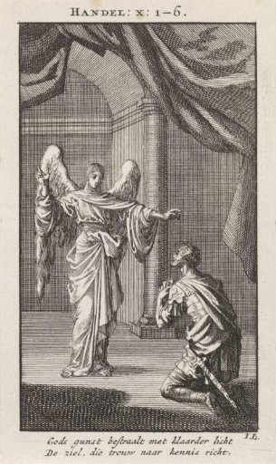 Cornelius kneels before the angel sent to him