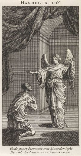 Cornelius kneels before the angel sent to him