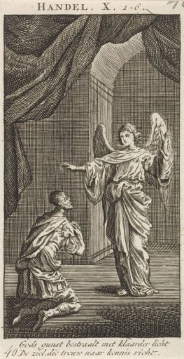 Cornelius kneels before the angel sent to him