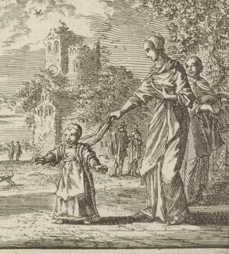 Mother Teaching a Child to Walk on a Leash