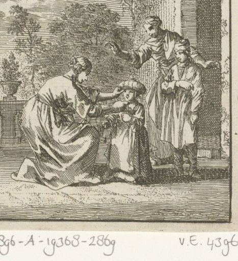 Child Having a Protective Headpiece Put On in the Garden