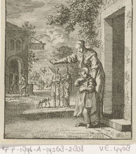 Mother pointing her child to a schoolhouse