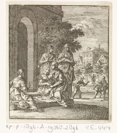 Three girls playing marbles on the pavement
