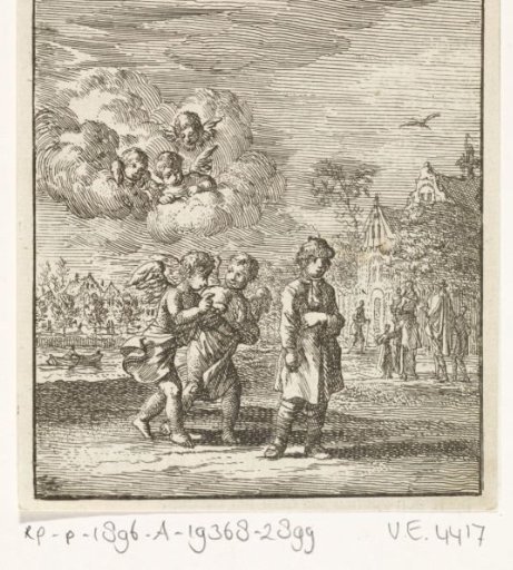 Running child pursued by two little angels
