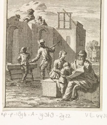 Grandfather showing his grandchild a leaf while a house is being built in the background