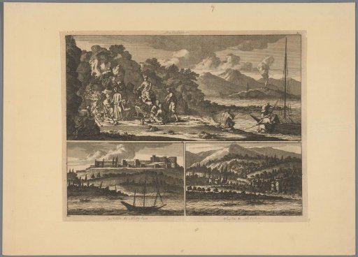 Group of men resting on the shore of a lake; Castello di Mitylin; Vista di Mitylin