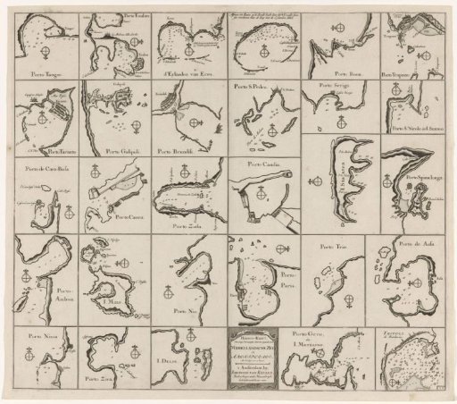 Sheet with 29 small charts of harbours and roadsteads on the Mediterranean Sea