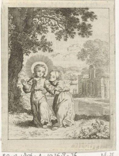 Christ leads the personified soul through a landscape