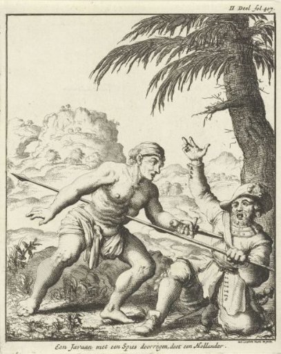 Javanese man and Dutchman stab each other with a spear and a dagger