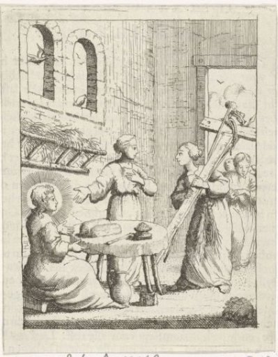 Christ and the personified soul are shown the cross indoors