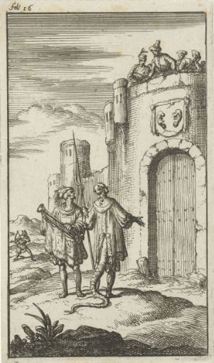 Satan stands with a trumpeter before a closed fortress gate