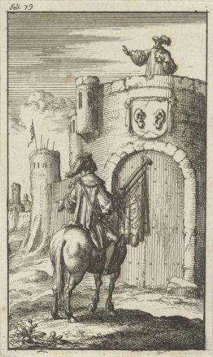 Trumpeter on horseback before a closed fortress gate
