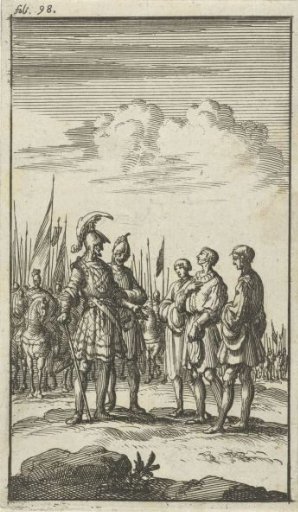 Three unarmed men in conversation with two army commanders, soldiers on horseback in the background