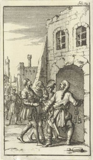 Two chained men are led to prison