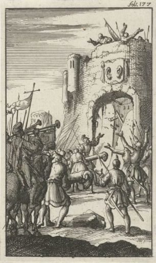 Fortress gate broken open by battering rams
