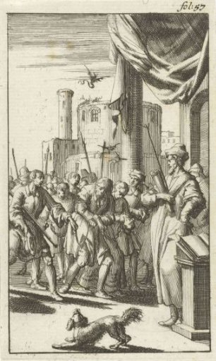 Prisoners are led bound before the judge