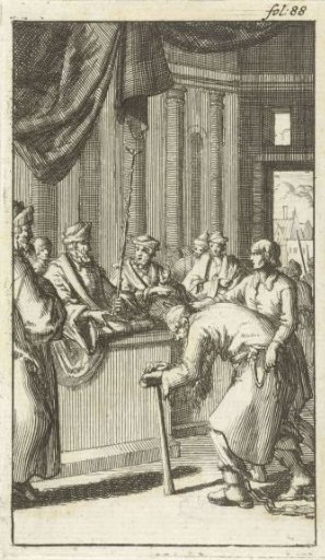 A chained old man appears before the judge