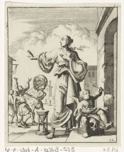 Woman makes a warding gesture towards Death who cuts the thread of life