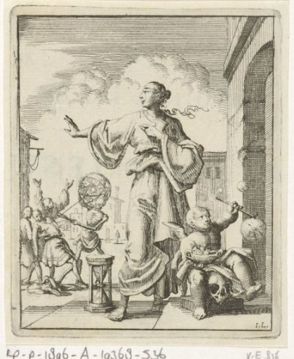 Woman makes a warding gesture towards Death who cuts the thread of life