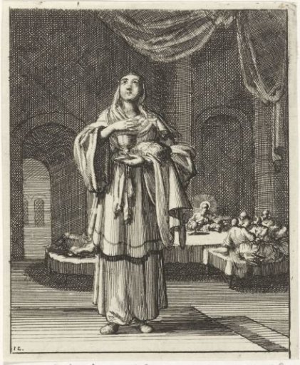 Veiled woman with bread and a wine cup in her hands