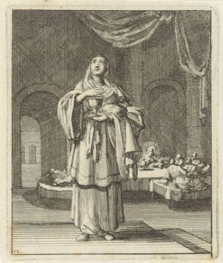 Veiled woman with bread and a wine cup in her hands