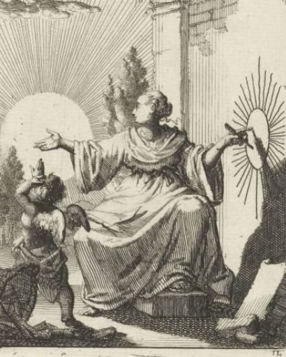 Woman comparing the sun with a drawing of the sun next to her on a wall