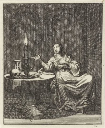 Woman seated at a table with a burning candle, hourglass and a skull